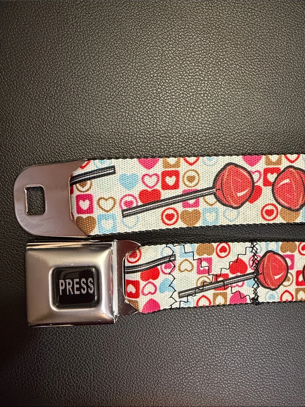 Buckle-Down Heart & Lollipop Seatbelt Belt - Red, Pink, Blue, Brown